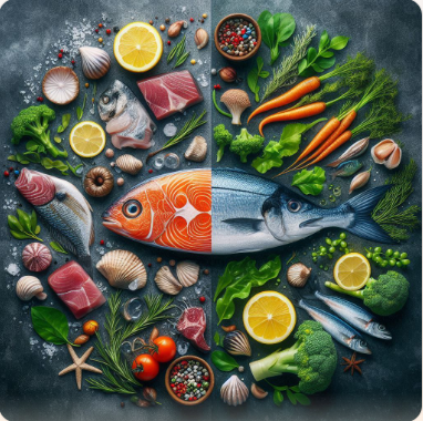 제철 생선과 육류의 영양학적 차이를 비교하는 이미지