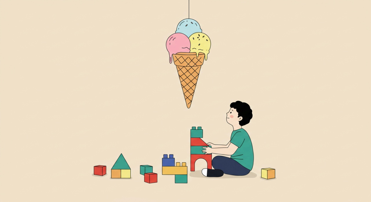 아이가 블록을 가지고 놀며 위에 매달린 아이스크림을 바라보는 모습