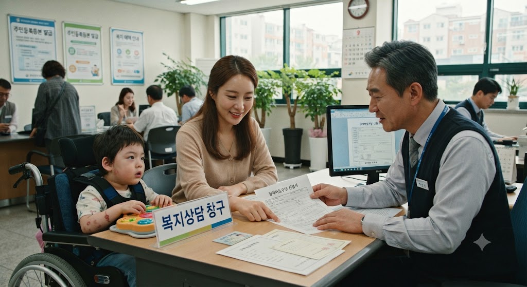 주민센터에서 장애아동수당 문의하는 모습