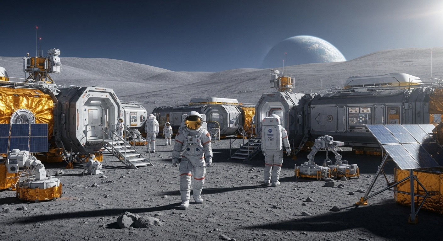a futuristic Moon base in the 2030s