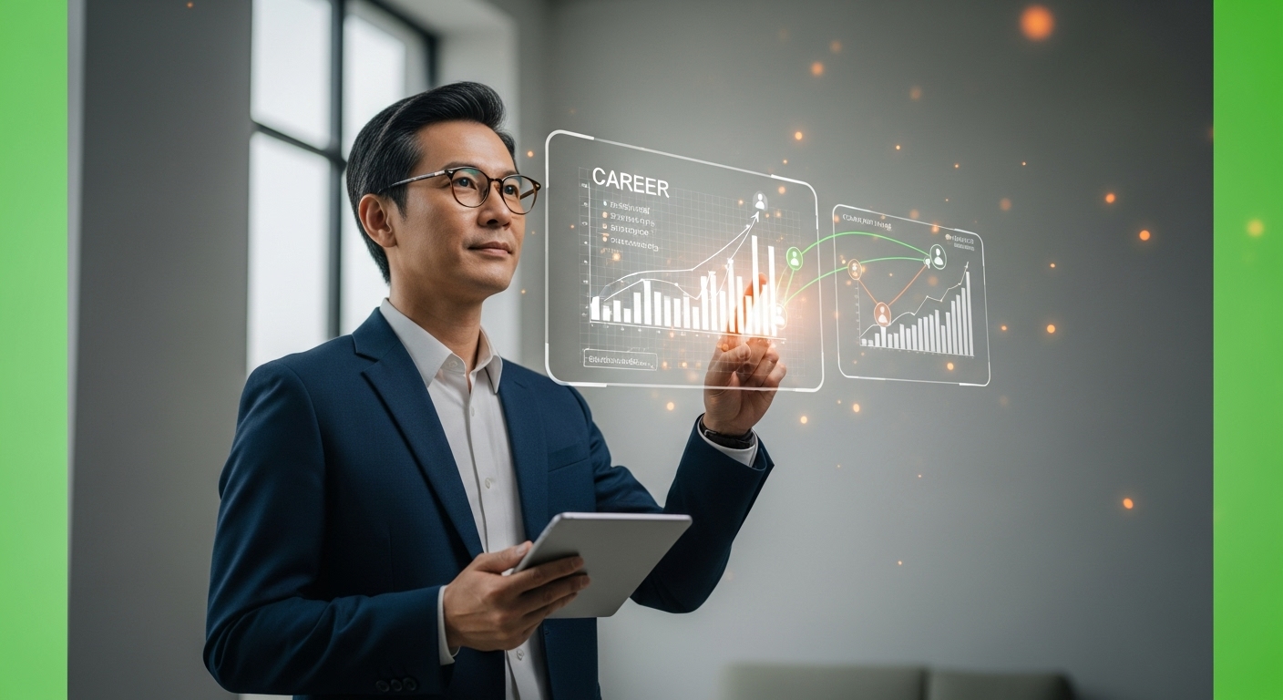 40대 아시아인 전문직 종사자가 밝고 현대적인 사무실에서 자신감 있는 표정으로 서 있으며, 미래 커리어를 탐색하는 모습을 연상시킵니다.