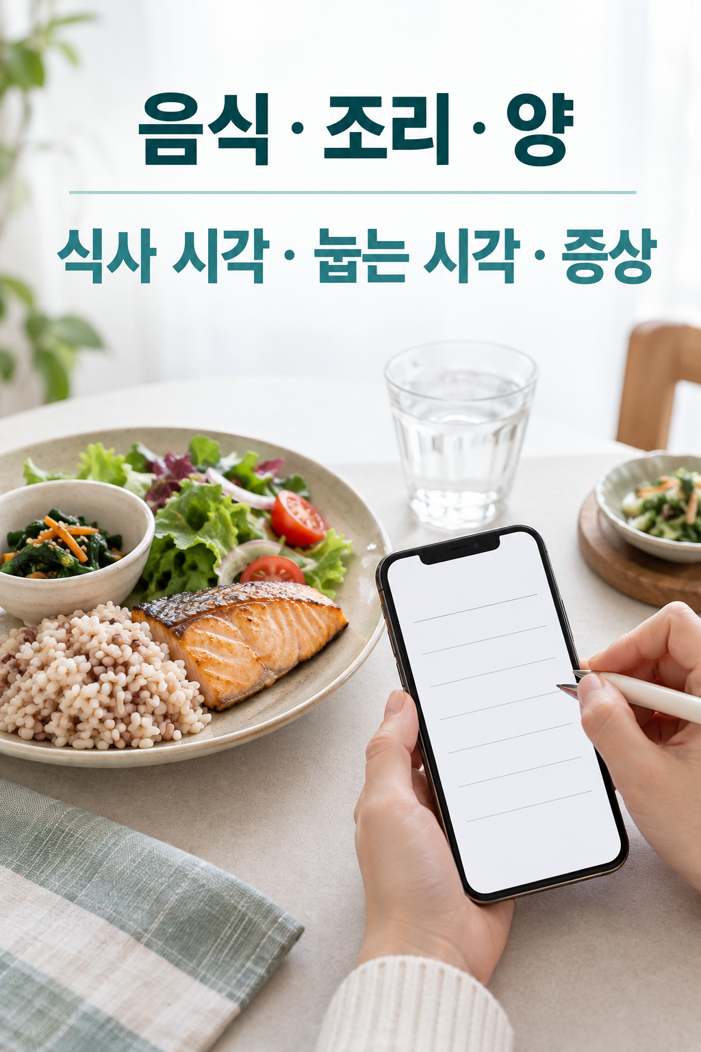 외식 메뉴 사진과 휴대전화 기록에 음식&middot;시각&middot;증상 칸이 있는 장면