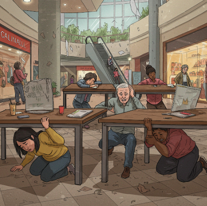 지진 등으로 건물안에서 안전을 위해 행동하는 사람들