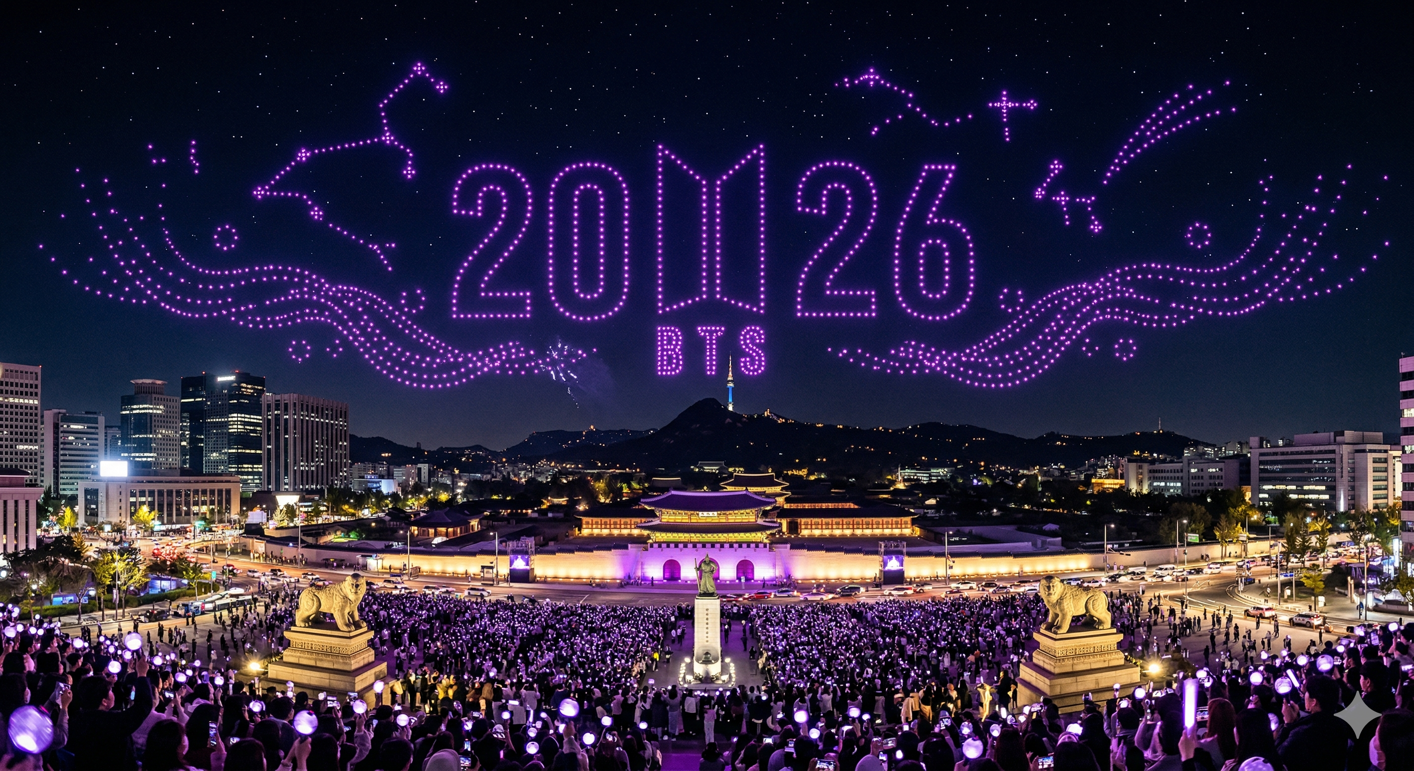 2026년 방탄 광화문 공연의 하이라이트인 보랏빛 고래 형상 드론 라이트 쇼 장면