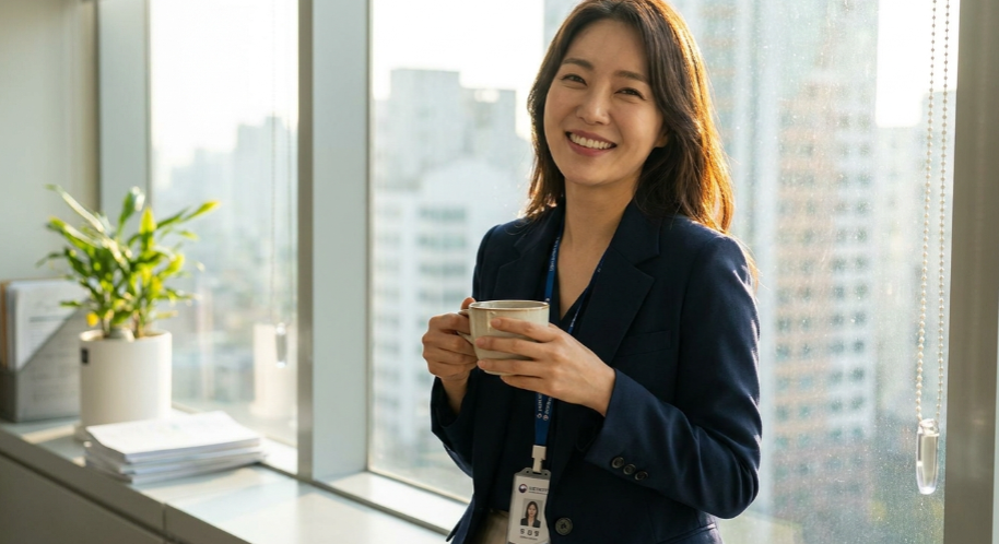 업무를 마치고 성취감을 느끼며 웃는 공무원