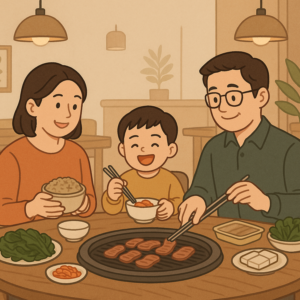 고기집에서 가족 3인이 식사하는 모습. 엄마 아빠 아들. 당뇨인 외식메뉴