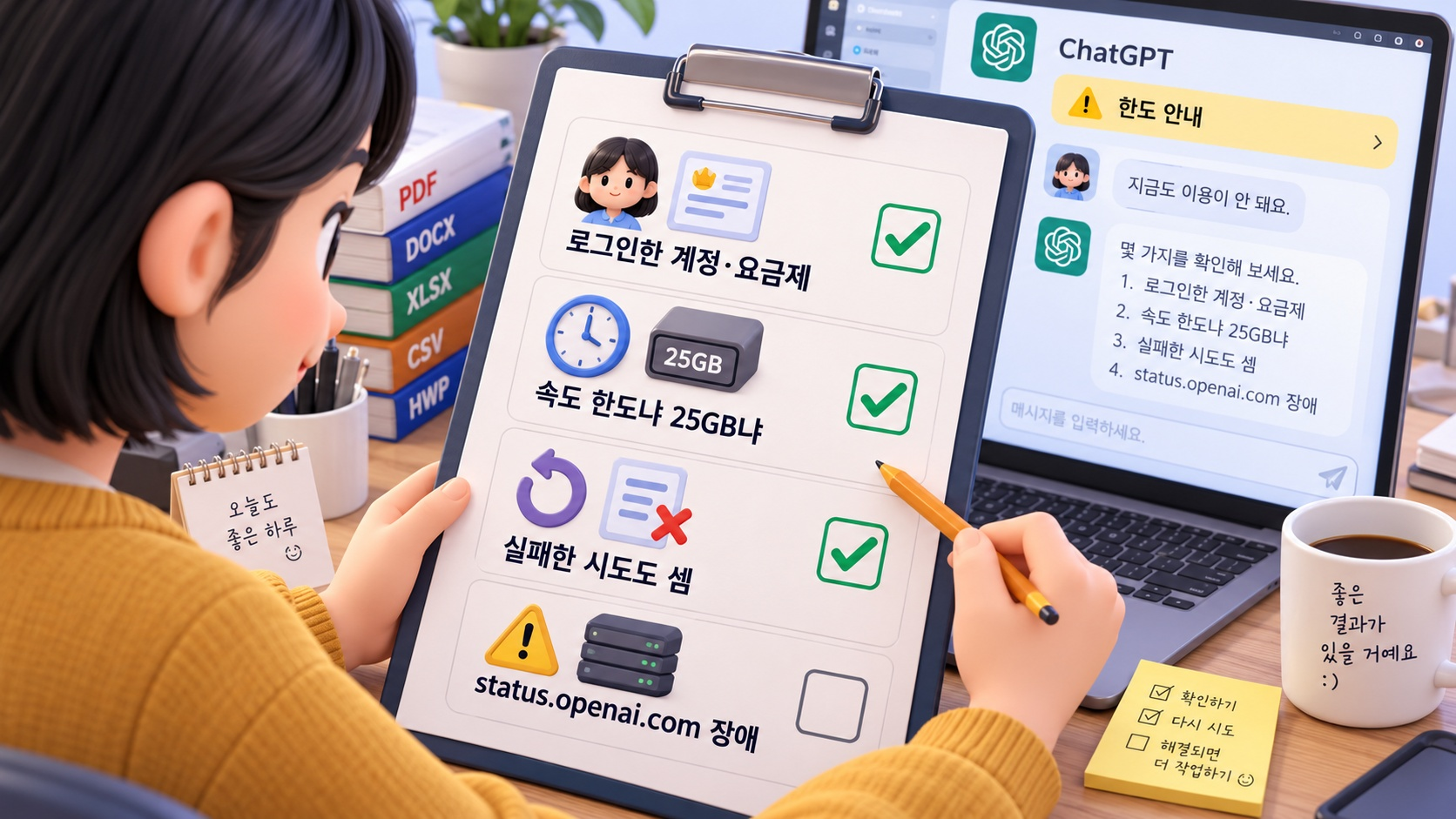 업로드 오류 앞에서 네 칸 점검표를 짚는 캐릭터