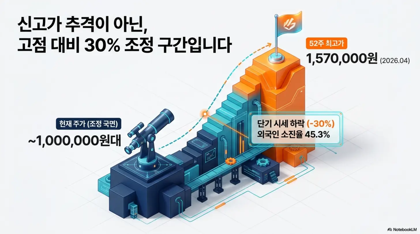 한화에어로스페이스 주가가 2026년 4월 52주 최고가 1,570,000원에서 100만원대 초반으로 약 30% 조정된 구간임을 망원경과 계단 그래픽으로 표현한 인포그래픽. 단기 시세 하락과 외국인 소진율 45.3%를 함께 보여주며, 한화에어로스페이스 주가 전망의 추세 위치 분석을 설명함