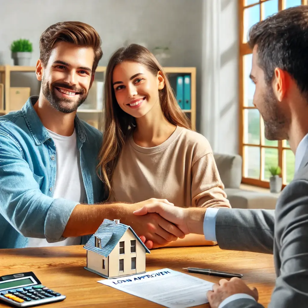 금융 전문가와 악수하며 대출 승인을 받은 부부, 금리 인하 시대의 성공적인 주택 자금 조달