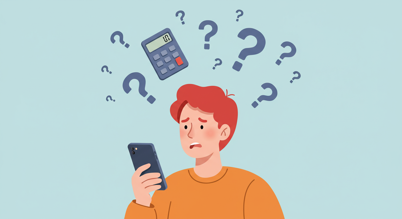 위약금 계산에 혼란스러워하는 스마트폰 사용자 일러스트