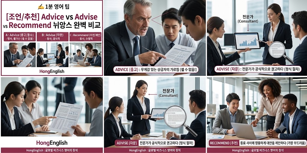 비즈니스 영어에서 자주 혼동하는 단어인 'Advice(명사: 충고)', 'Advise(동사: 자문하다)', 'Recommend(동사: 추천하다)'의 차이점을 설명하는 인포그래픽 이미지. 각 단어가 실제 업무 상황에서 어떻게 사용되는지 사진 예시와 함께 정리되어 있습니다. Advice는 상급자의 조언, Advise는 전문가의 공식적 자문, Recommend는 동료 간의 부드러운 추천 상황을 시각적으로 보여주며 하단에 HongEnglish 로고가 삽입되어 있습니다.