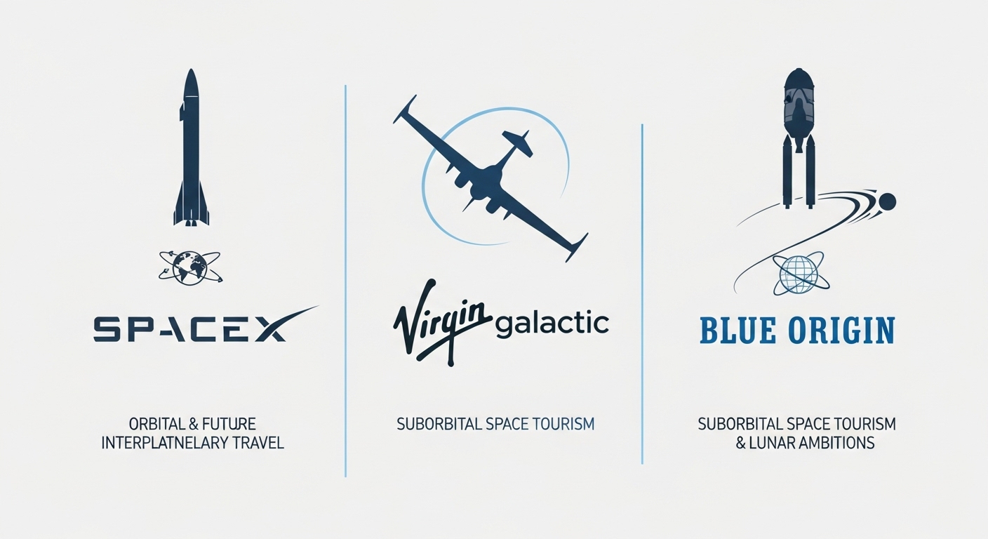 스페이스X, 버진 갤럭틱, 블루 오리진 등 주요 민간 우주 기업들의 특징을 비교한 인포그래픽