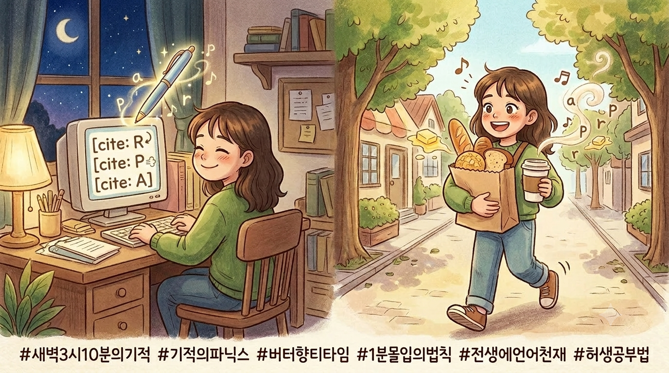 새벽녘의 차분한 분위기와 따뜻한 커피, 빵이 있는 아날로그 감성의 서재 공부방 일러스트