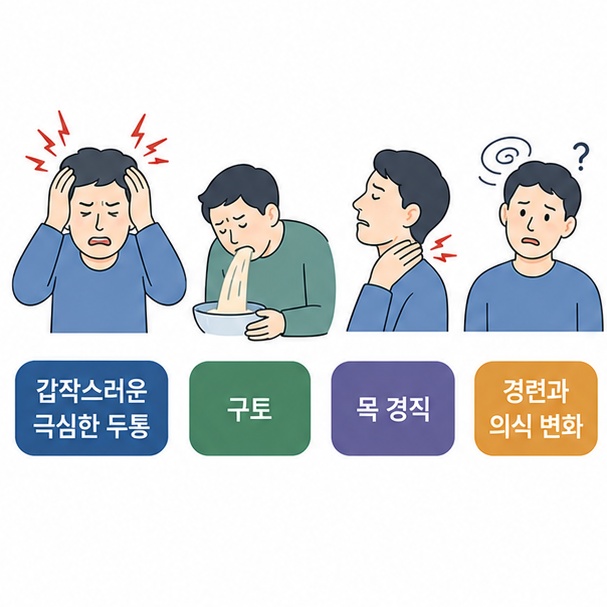 뇌동맥류 파열 시 갑작스러운 극심한 두통과 구토, 목 경직, 경련과 의식 변화가 나타날 수 있음을 보여주는 그림