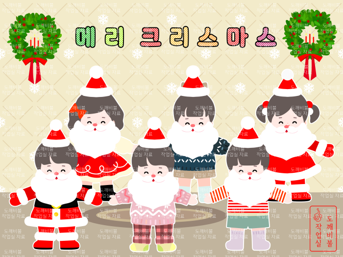 얼굴합성용 크리스마스 산타클로스 분장으로 수염 달고 산타 모자 쓴 어린이들