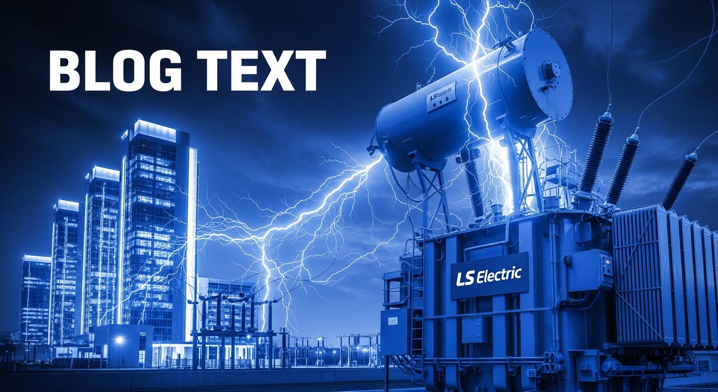 Bold power industry blog thumbnail. Center massive blue high-voltage transformer with LS Electric branding. Background dramatic night sky with glowing data center complex. Electric blue lightning effect radiating from transformer. Bold white text area at top. Cinematic high-contrast industrial photography style. No Korean text.