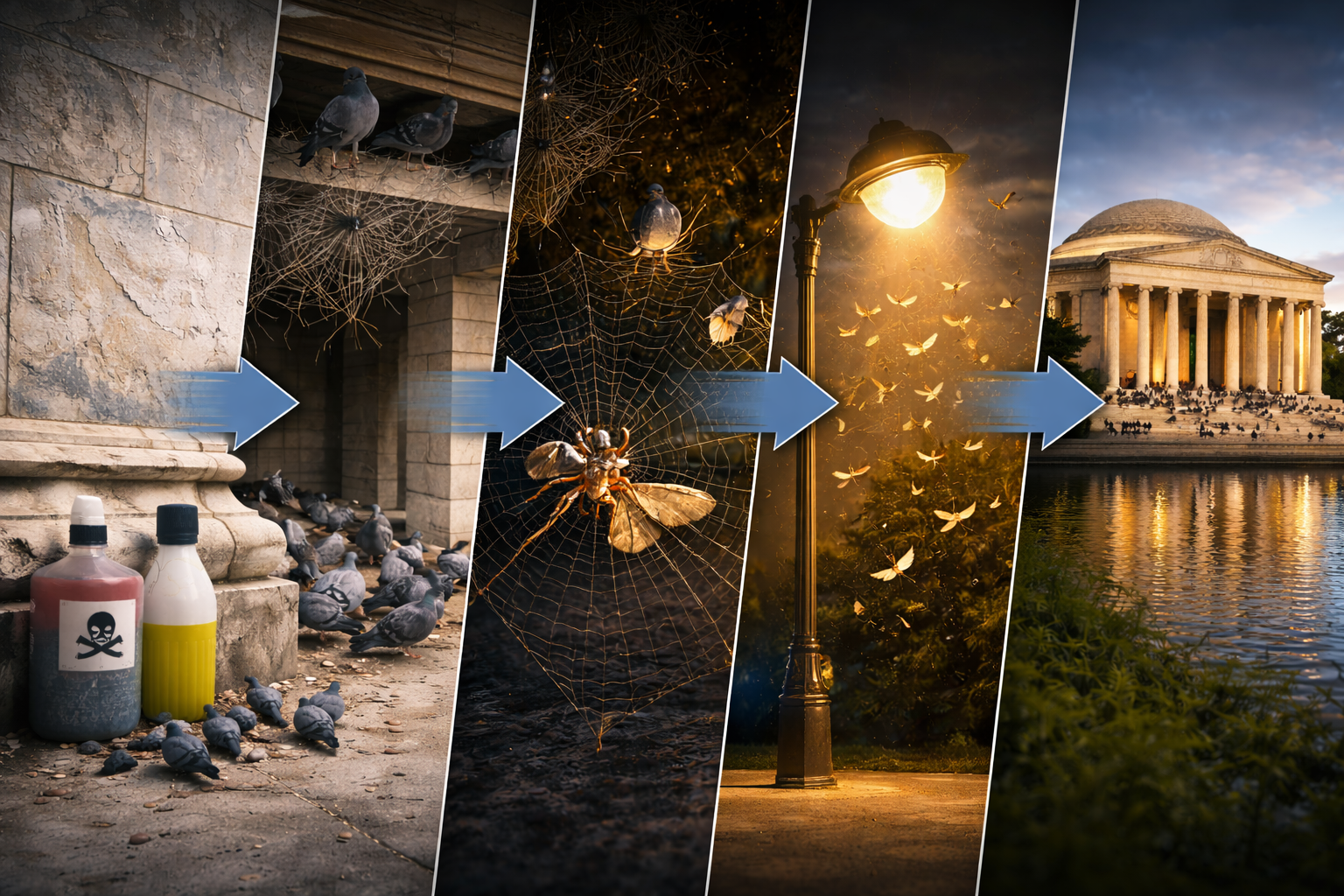 대리석 부식 ☞ 비둘기 ☞ 거미줄 ☞ 나방 ☞ 이른 조명