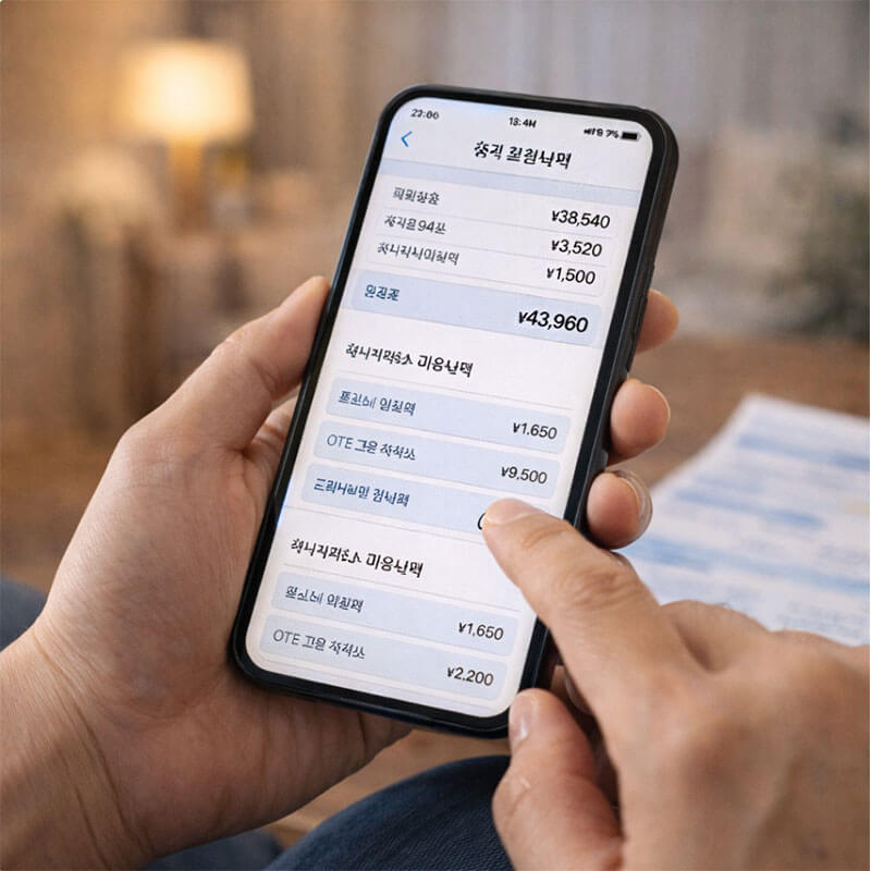 스마트폰 통신사 앱에서 요금 내역과 부가서비스 항목을 확인하며 통신비를 점검하는 생활 장면