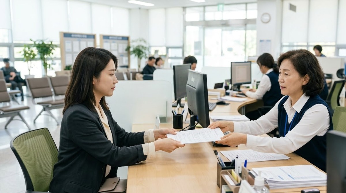 관공서 상담 창구에서 서류를 제출하는 근로자, 임금체불 진정