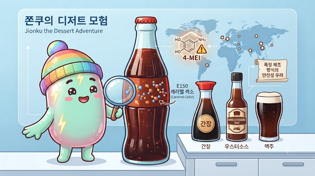 쫀쿠의 디저트 착색제 탐구! 캐러멜이 디저트뿐만 아니라 식품 산업에서 어떻게 갈색 색소(E150)로 활용되는지 보여주는 인포그래픽입니다. 쫀쿠가 거대한 콜라 병 앞에서 코카콜라 특유의 갈색빛을 가리키고 있습니다. 실험실 비커에는 'E150 캐러멜 색소'가 담겨 있고, 그 아래로 콜라, 맥주, 간장, 소스류가 진열되어 있습니다. 한편에는 작은 경고 아이콘과 함께 '4-MEI 우려'가 표시되어 있어, 제조 방식에 따른 안전성 문제를 시사합니다.
