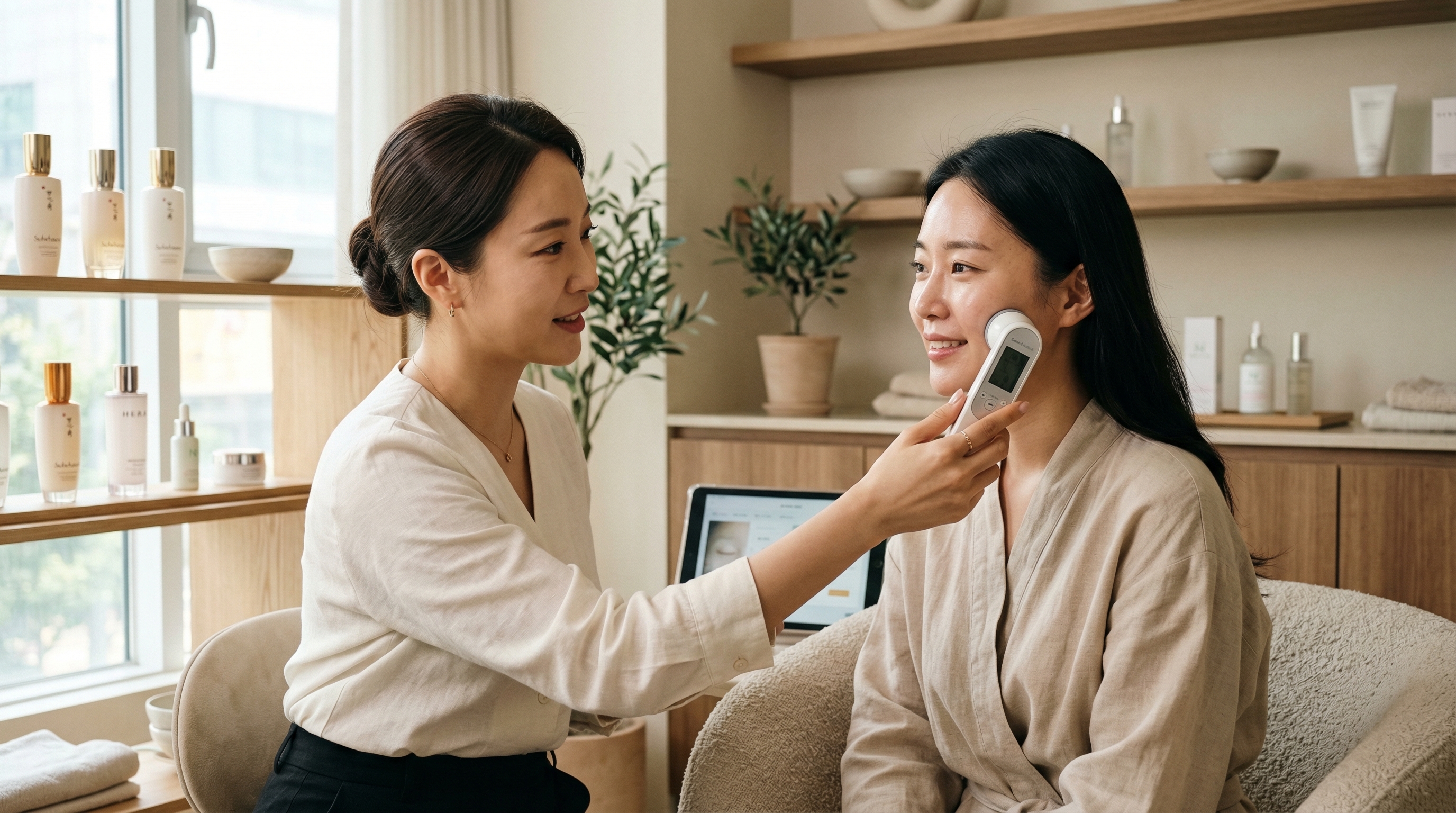 고급스러운 피부관리실에서 피부관리사가 고객의 피부를 진단하고 맞춤형 상담을 진행하는 모습입니다.