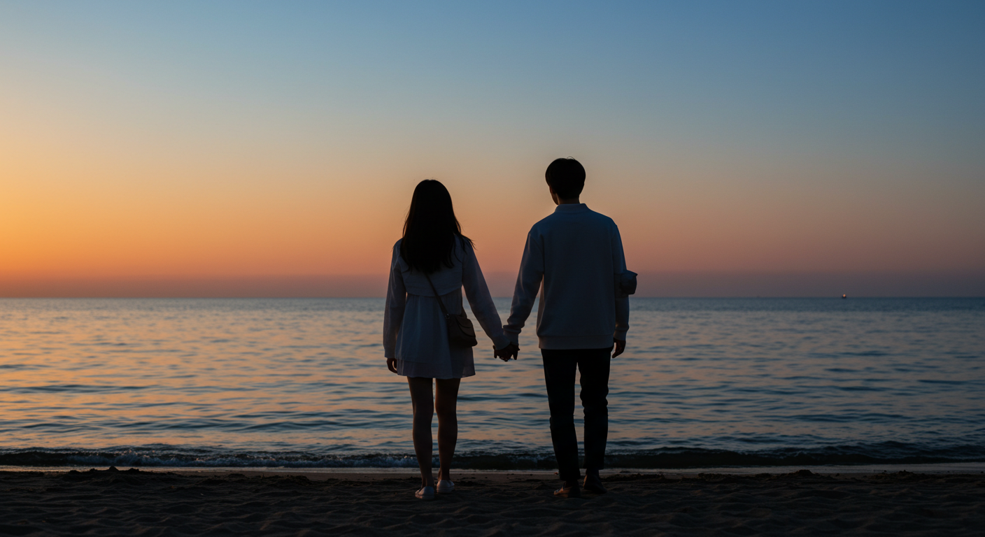 강원도 해변에서 노을 지는 바다를 배경으로 손잡고 걷는 한국인 커플의 뒷모습
