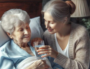 평화로운 병실에서 환자를 돌보는 가족 사진