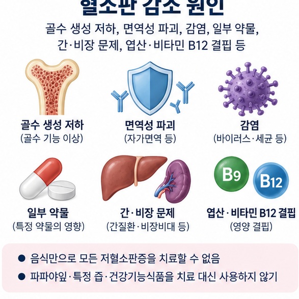 혈소판 감소가 영양 부족 면역질환 감염 약물 간 비장 문제 등 다양한 원인으로 생길 수 있음을 보여주는 이미지