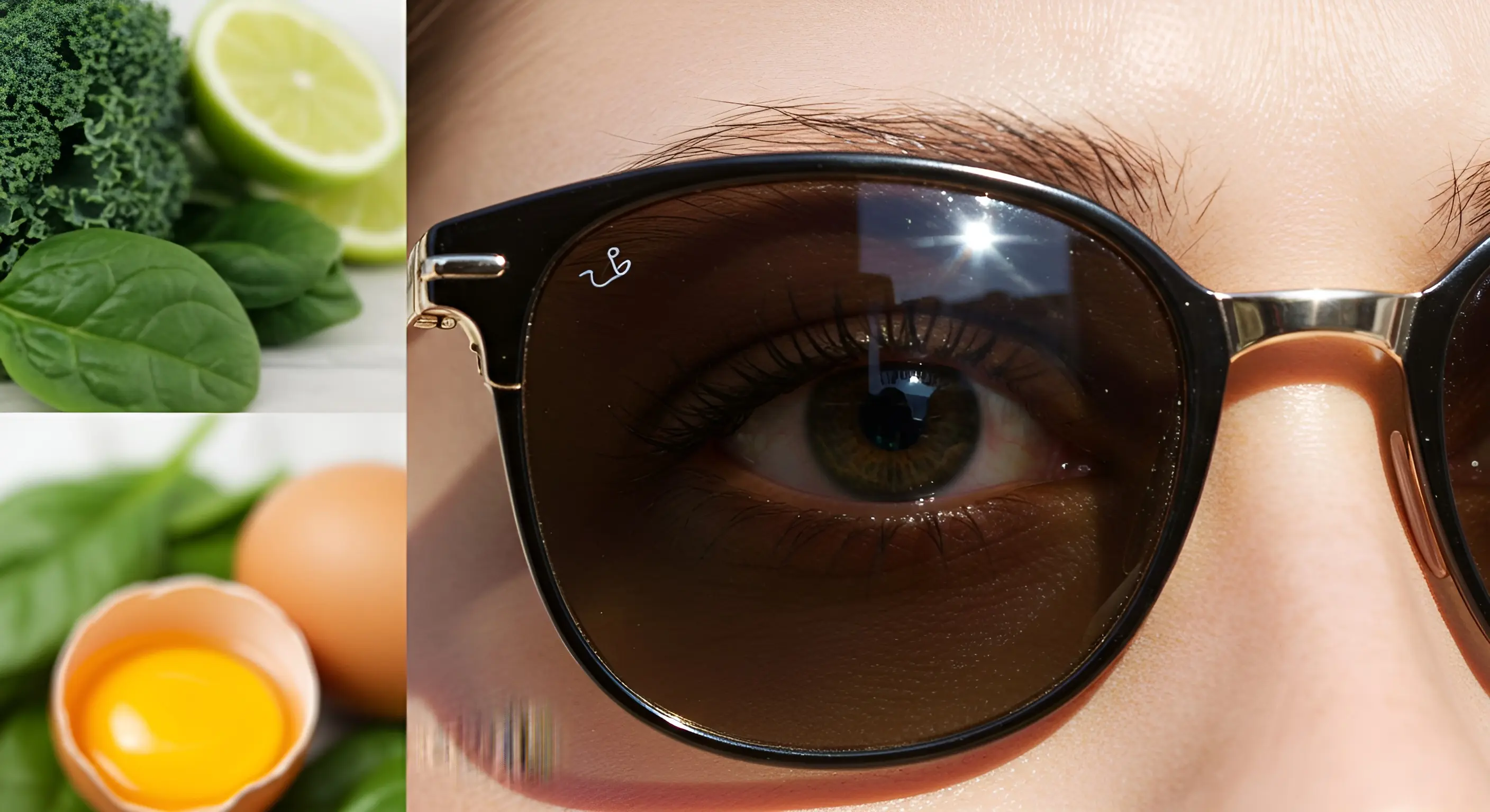 강렬한 여름 햇살 아래 선글라스로도 가려지지 않는 눈의 피로감과, 이를 해결해 줄 루테인이 풍부한 케일, 시금치, 계란 등 건강한 음식들이 대비를 이루는 이미지