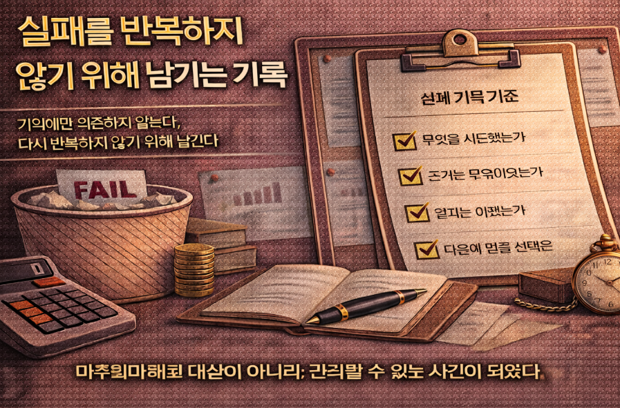 실패 기록을 통해 블로그 운영을 관리 가능한 구조로 전환한 모습을 보여주는 이미지, 실패 기준 체크리스트와 운영 판단 흐름 시각화