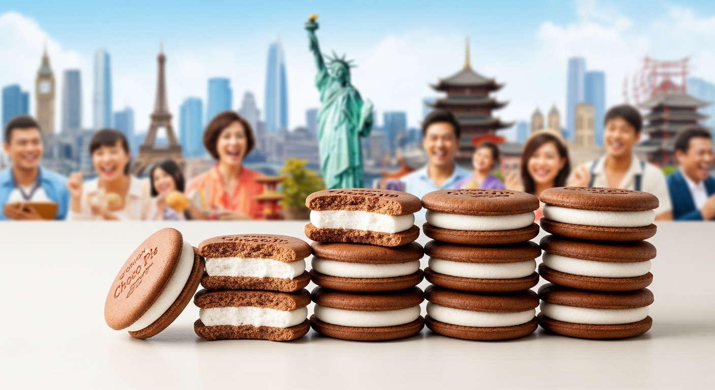 마시멜로가 보이는 오리온 초코파이가 여러 개 쌓여 있고, 흐릿한 세계 도시 풍경이 배경에 있는 모습. 초코파이의 글로벌 인기를 나타냄.