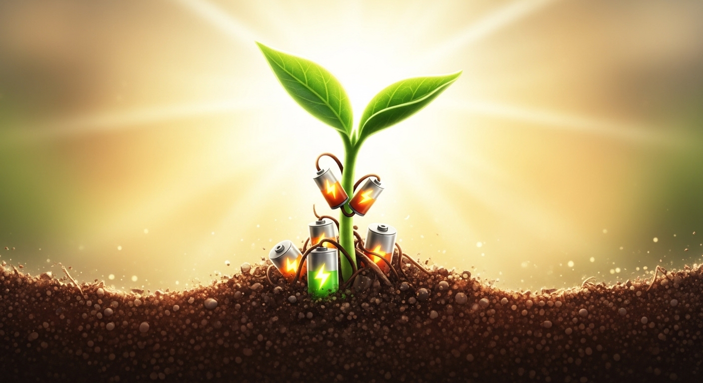 Emotional illustration of a green sprout (symbolizing resurrection) breaking through the soil with battery-shaped fruits, warm sunlight shining in the background.