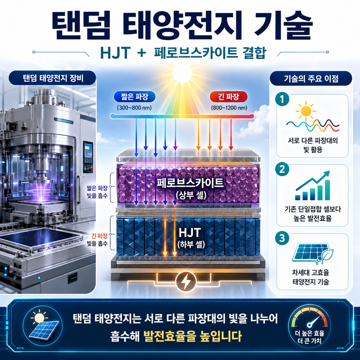 탠덤 태양전지는 서로 다른 파장대의 빛을 활용해 기존 단일접합 셀보다 발전효율을 높이는 기술이미지