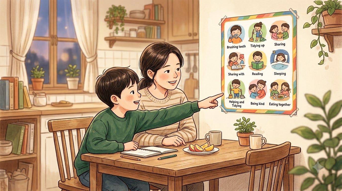 생활 규칙 카드 보며 대화하는 부모와 아이