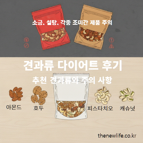 견과류 다이어트 후기 – 소금, 설탕, 조미간 제품을 피하고 아몬드, 호두, 피스타치오, 캐슈넛 같은 생견과류를 선택해야 하는 이유를 설명한 이미지