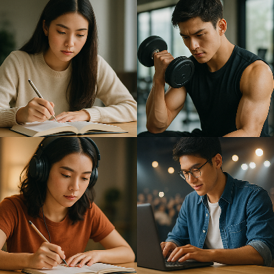 MZ세대가 각자의 분야(스터디, 운동, 창작 활동 등)에서 목표를 향해 집중하고 노력하는 다양한 모습들을 몽타주 형식으로 보여주는 이미