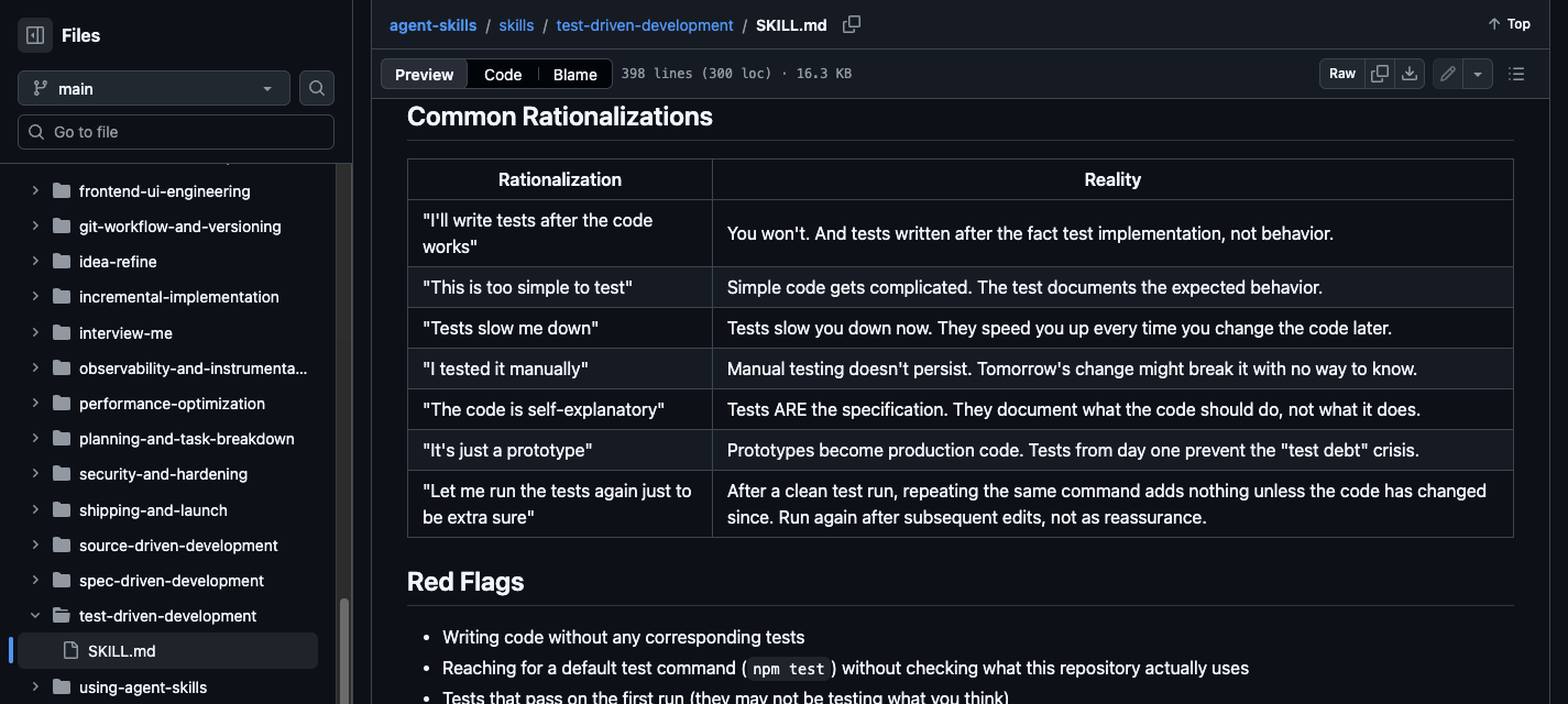 test-driven-development 스킬의 Common Rationalizations 핑계와 반박 표