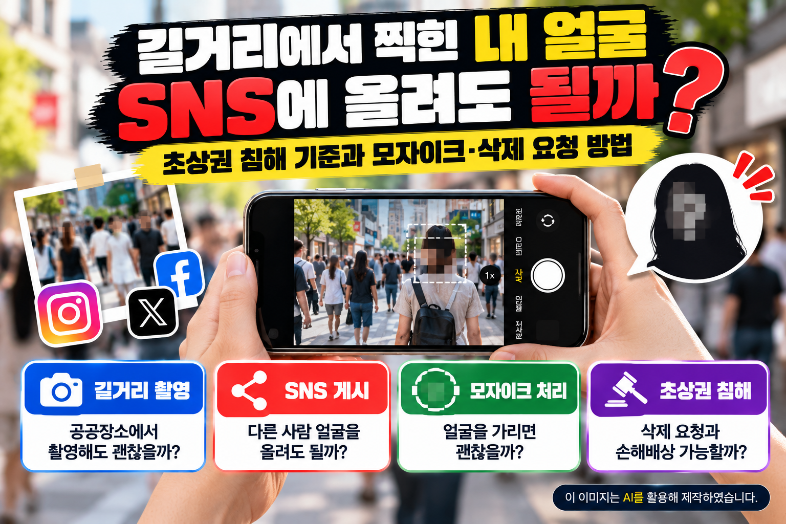 길거리에서 촬영한 사진을 SNS에 게시할 때 발생할 수 있는 초상권 침해 문제와 얼굴 모자이크 처리, 사진 삭제 요청 및 손해배상 기준을 설명하는 이미지
