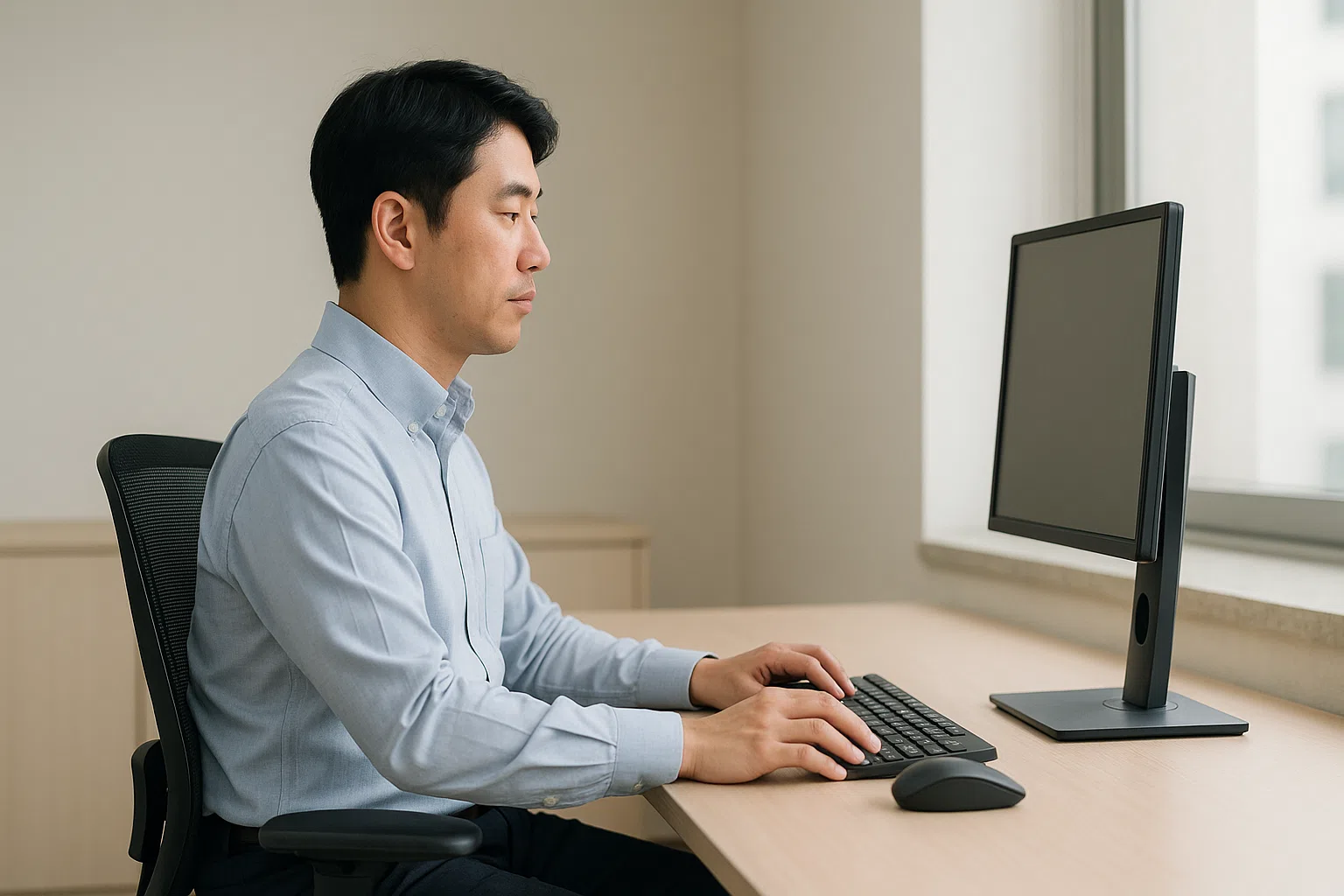 올바른 컴퓨터 작업 자세를 취한 한국인 직장인, 허리를 곧게 펴고 모니터를 눈높이보다 약간 낮게 둔 모습