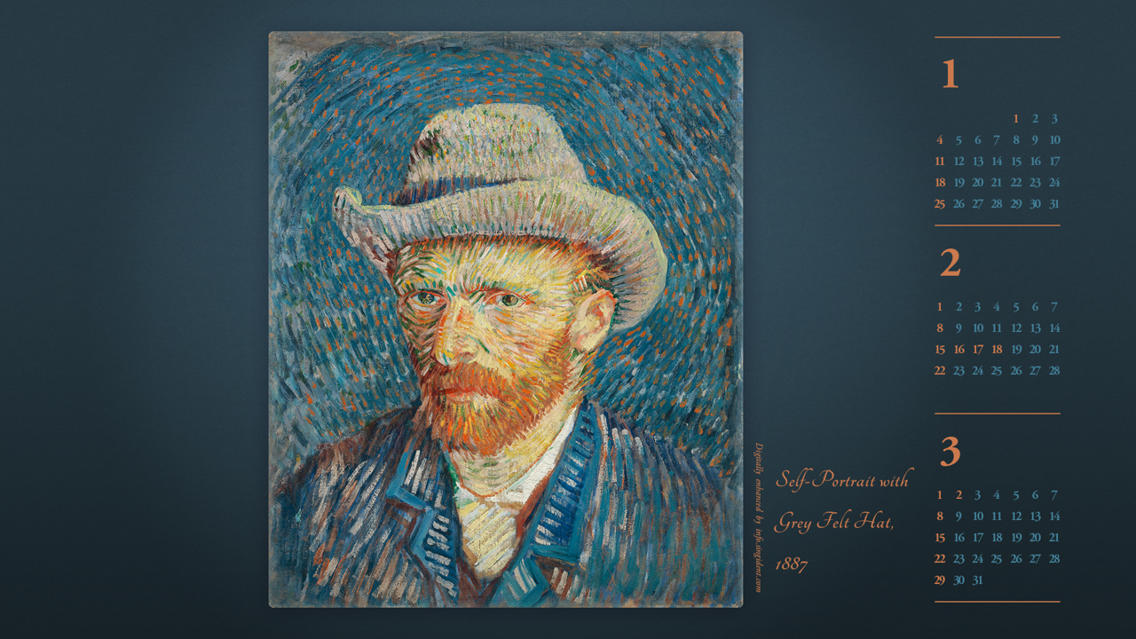 02 회색 펠트 모자를 쓴 자화상, F344 B - 2026년2월 달력배경화면
