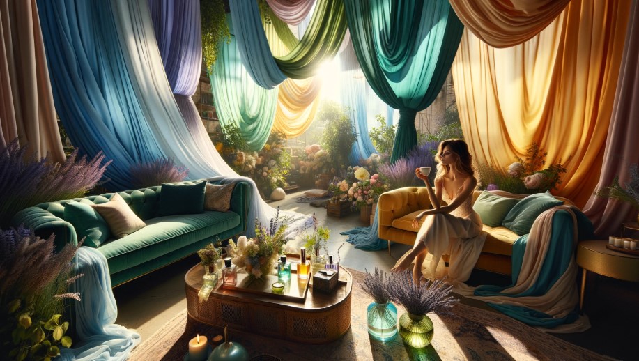 다양한 색과 향기로 가득한 공간에서 커피를 마시는 여성