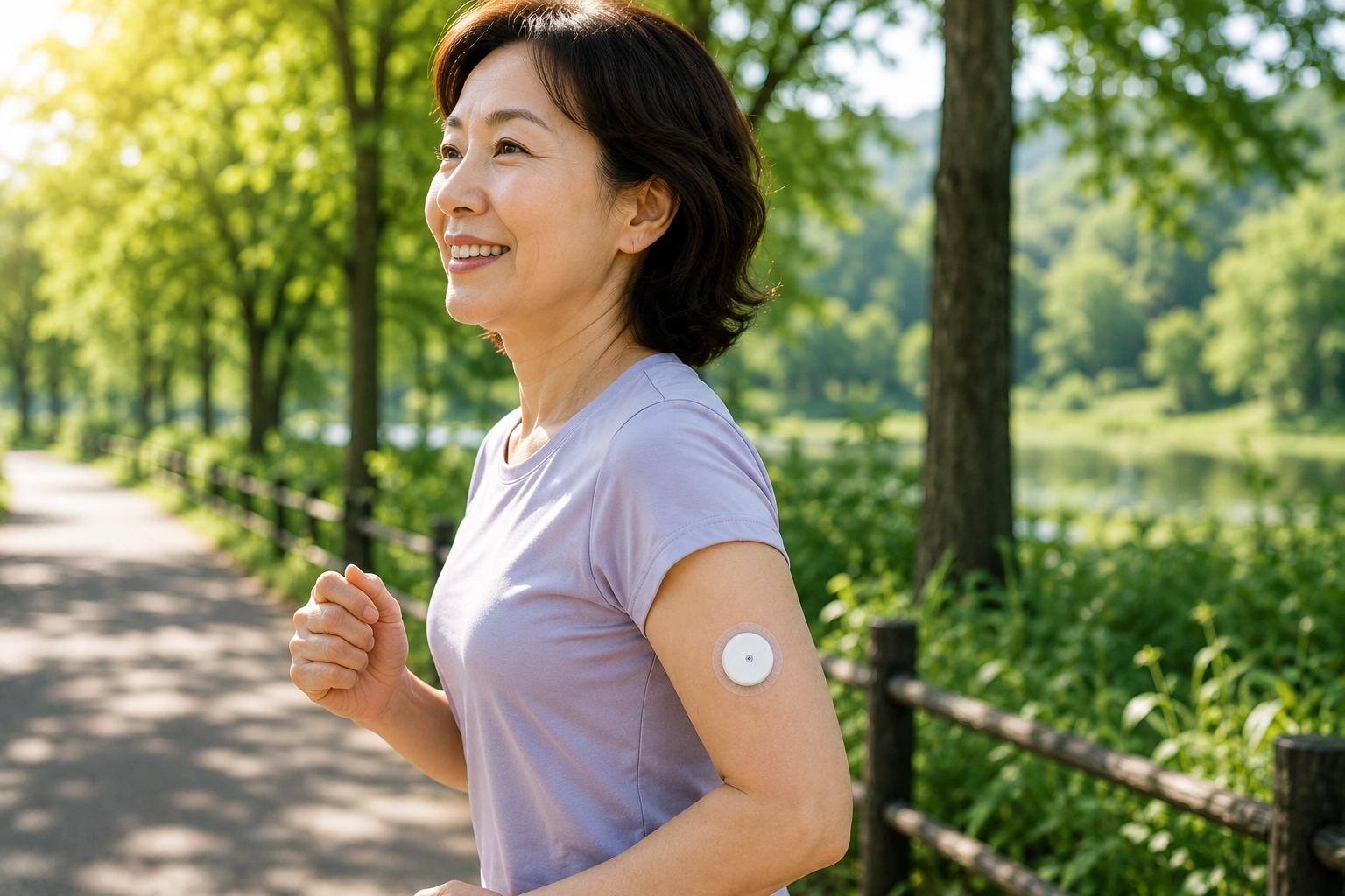 연속혈당측정기(CGM)를 착용하고 공원에서 산책하는 중장년 여성