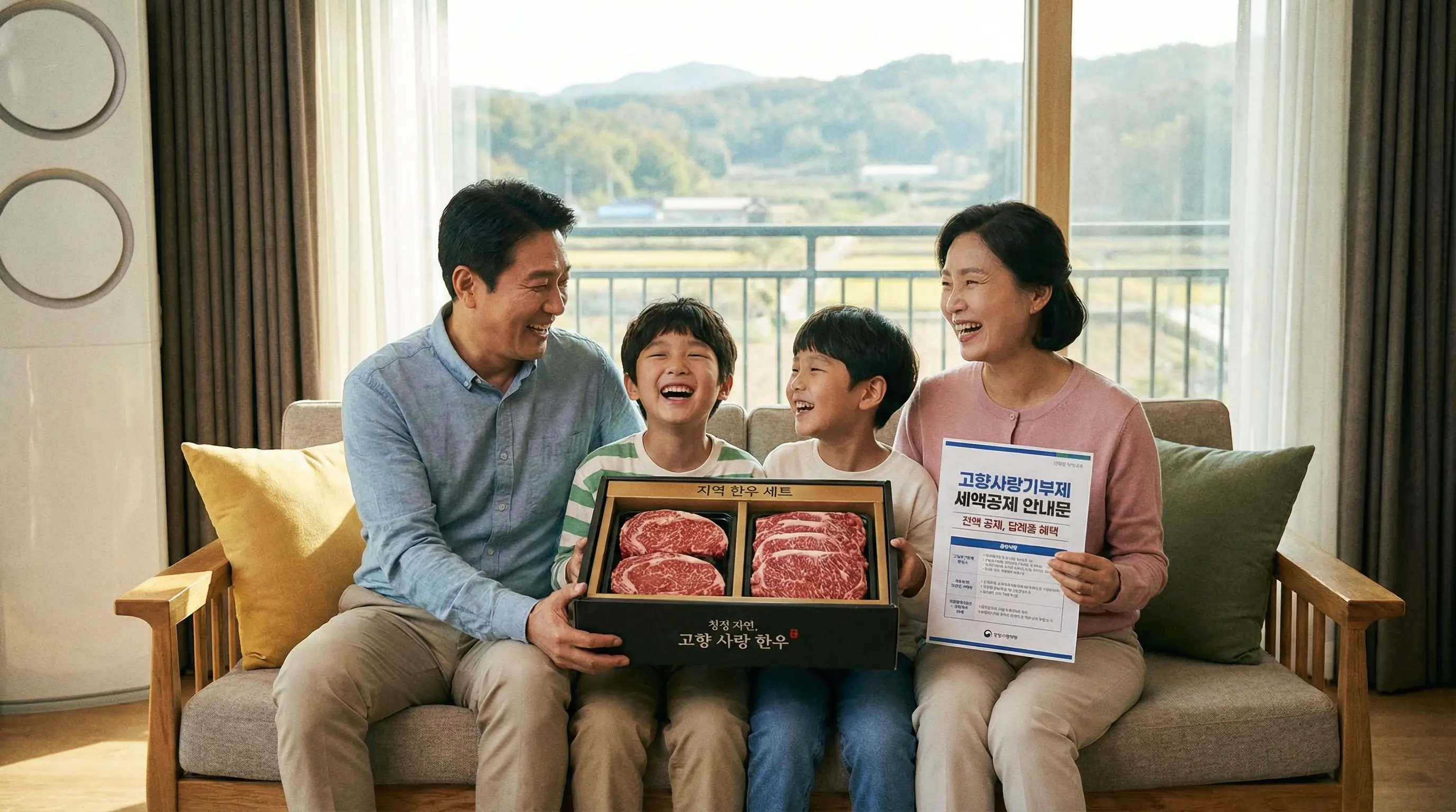 고향사랑기부제 답례품으로 받은 지역 한우 세트와 세액공제 안내문을 들고 기뻐하는 가족의 모습