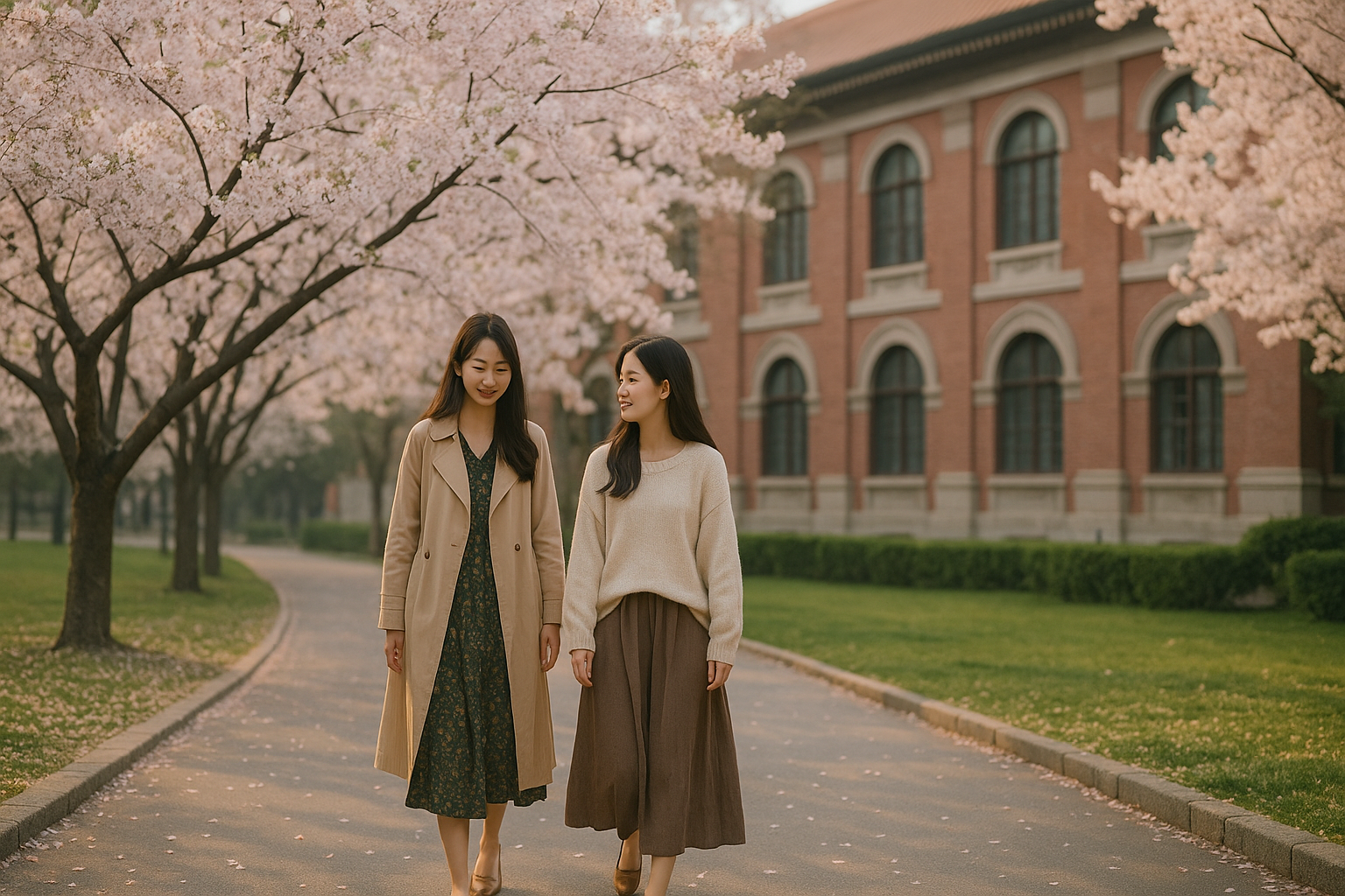 A warm and peaceful spring scene of two women walking together under cherry blossoms on the campus of Tsinghua University