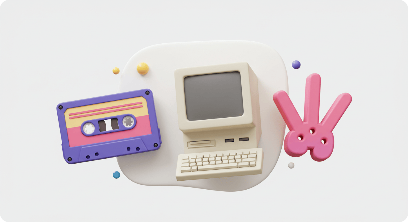 X세대의 문화적 특징을 나타내는 카세트테이프와 PC가 포함된 3D 아이콘