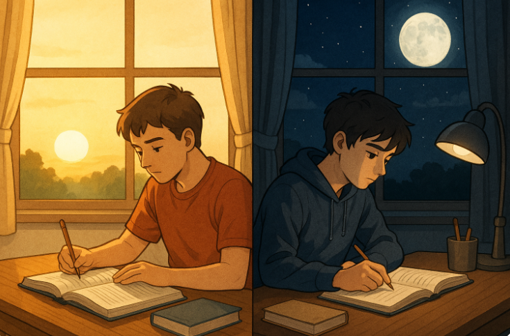 왼쪽은 아침에 공부하는 학생, 오른쪽은 밤에 공부하는 학생