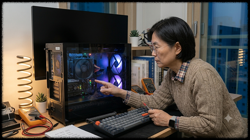 컴퓨터 종료 후 본체 팬과 메인보드 LED의 작동 상태를 확인하는 모습
