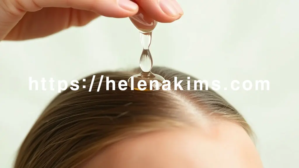 깨끗한 두피 위로 투명하거나 옅은 색의 두피 진정 앰플 혹은 세럼 방울이 부드럽게 떨어지고 있다. 손가락 끝으로 두피 마사지를 하듯 부드럽게 펴 바르는 모습.