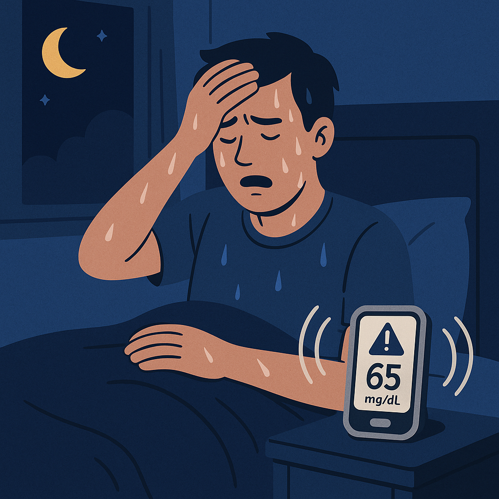 한 남성이 밤에 침대에서 식은땀을 흘리며 저혈당 증상으로 깨어난 모습. 머리를 감싸쥔 채 불편해하며, 옆 탁자에는 65mg/dL를 알리는 혈당계 경보가 울리고 있다. 창밖에는 초승달이 떠 있는 어두운 밤 배경.
