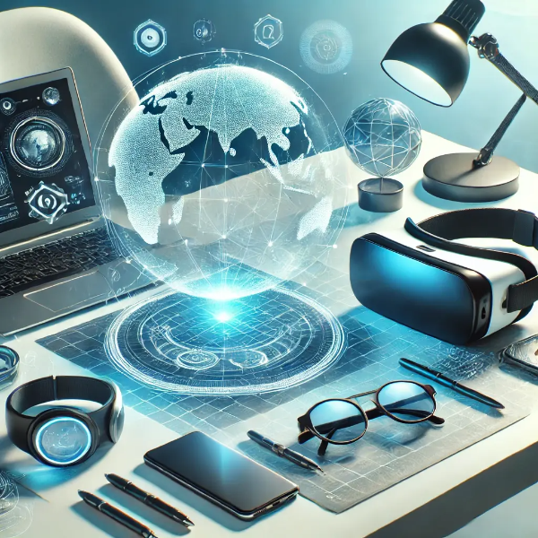 메타버스 창업을 상징하는 VR 헤드셋과 AR 글래스, 노트북, 홀로그램 구슬이 놓인 스튜디오컷